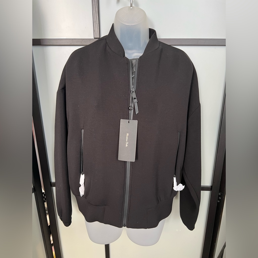 Nwt Massimo Dutti Black Bomber Jacket Neoprene Full Zip Pockets Small — image 2 of 8